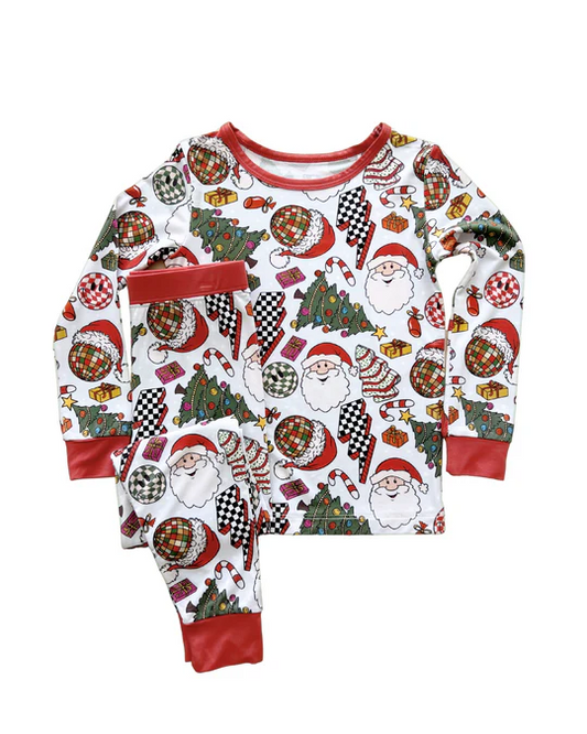 (Pre-order)BLP0993  Santa Cake Trees Print Kids Christmas Pajamas Clothes Set