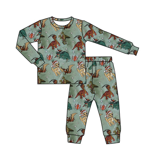 (Pre-order)BLP1001 Dino Green Print Boys Christmas Pajamas Clothes Set