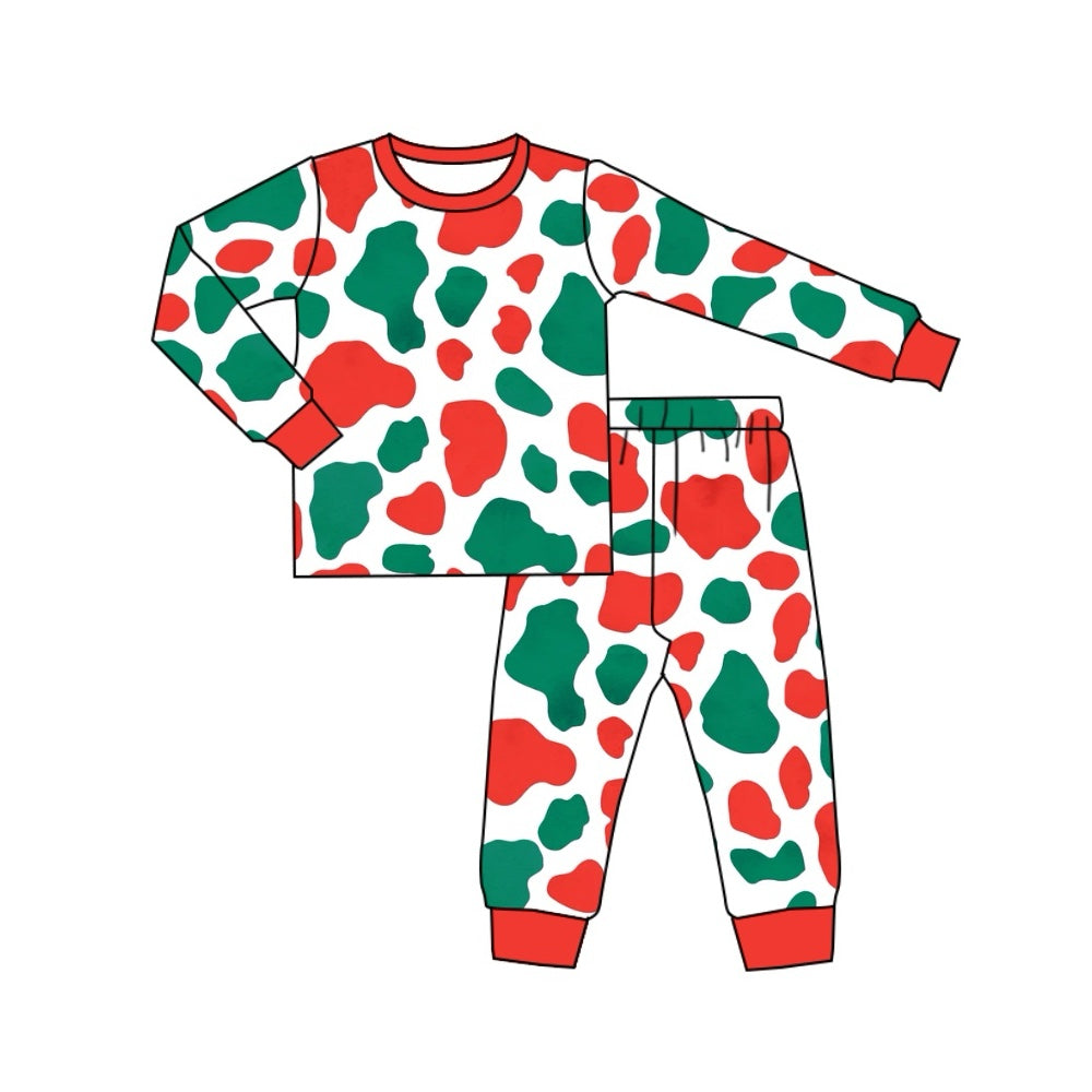 (Pre-order)BLP1015 Red Green Cowhide Print Boys Christmas Pajamas Clothes Set