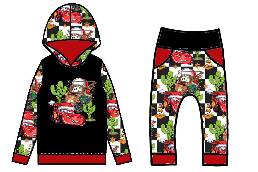 (Pre-order)BLP1018  Cartoon Cars Cactus Print Boys Christmas Hoodie Clothes Set