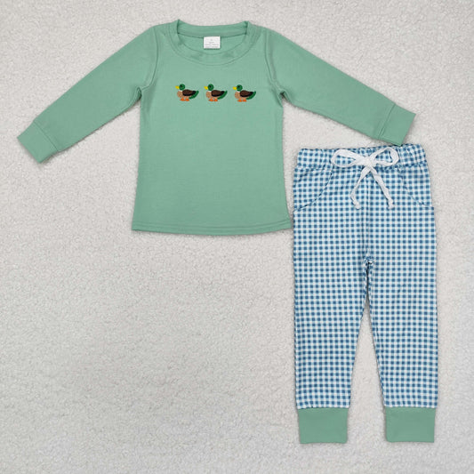 BLP1021 Duck Embroidery Green Top Plaid Pants Boys Fall Clothes Set