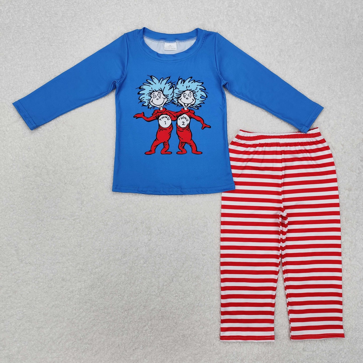 Dr.Reading Blue Top Red Stripes Print Kids Clothes Set Sibling Wear