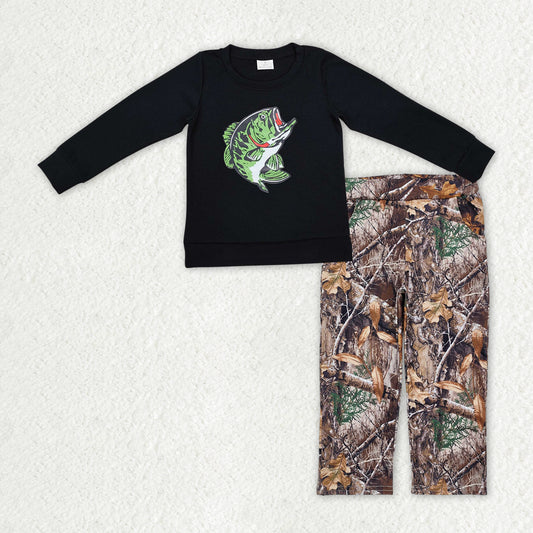 BLP1043 Fish Vinyl Black Top Branch Camo Pants Boys Hunting Clothes Set