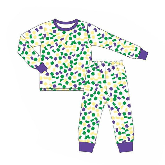 (Pre-order)BLP1044 Purple Yellow Green Print Boys Mardi Gras Pajamas Clothes Set