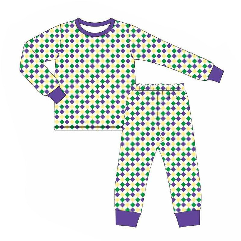 (Pre-order)BLP1045 Purple Yellow Green Plaid Print Kids Mardi Gras Pajamas Clothes Set