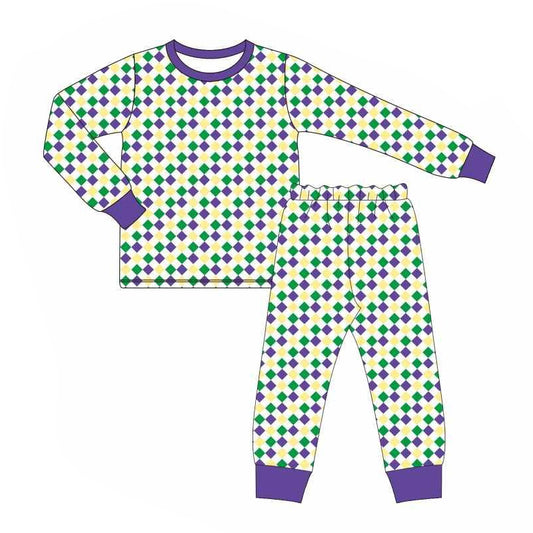 (Pre-order)BLP1045 Purple Yellow Green Plaid Print Kids Mardi Gras Pajamas Clothes Set