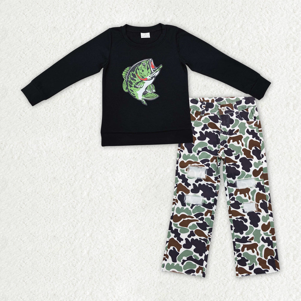 BLP1061 Fish Vinyl Black Top Camo Denim Jeans Boys Hunting Clothes Set