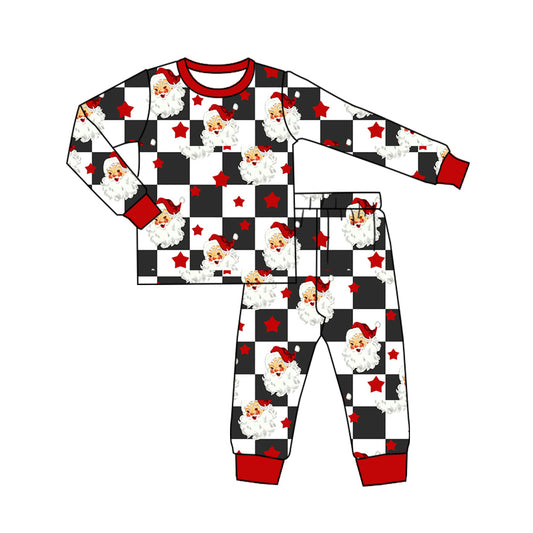 (Pre-order)BLP1068 Santa Plaid Print Boys Christmas Pajamas Clothes Set