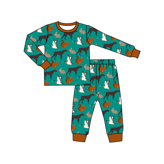 (Pre-order)BLP1069 Dog Animals Hunting Print Kids Fall Pajamas Clothes Set