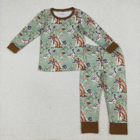 BLP1070 Dog Duck Hunting Print Boys Fall Pajamas Clothes Set