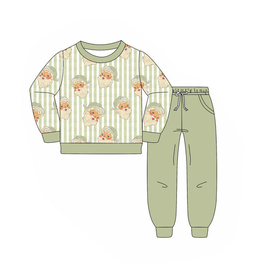 (Pre-order)BLP1074 Santa Stripes Top Green Pants Boys Christmas Clothes Set