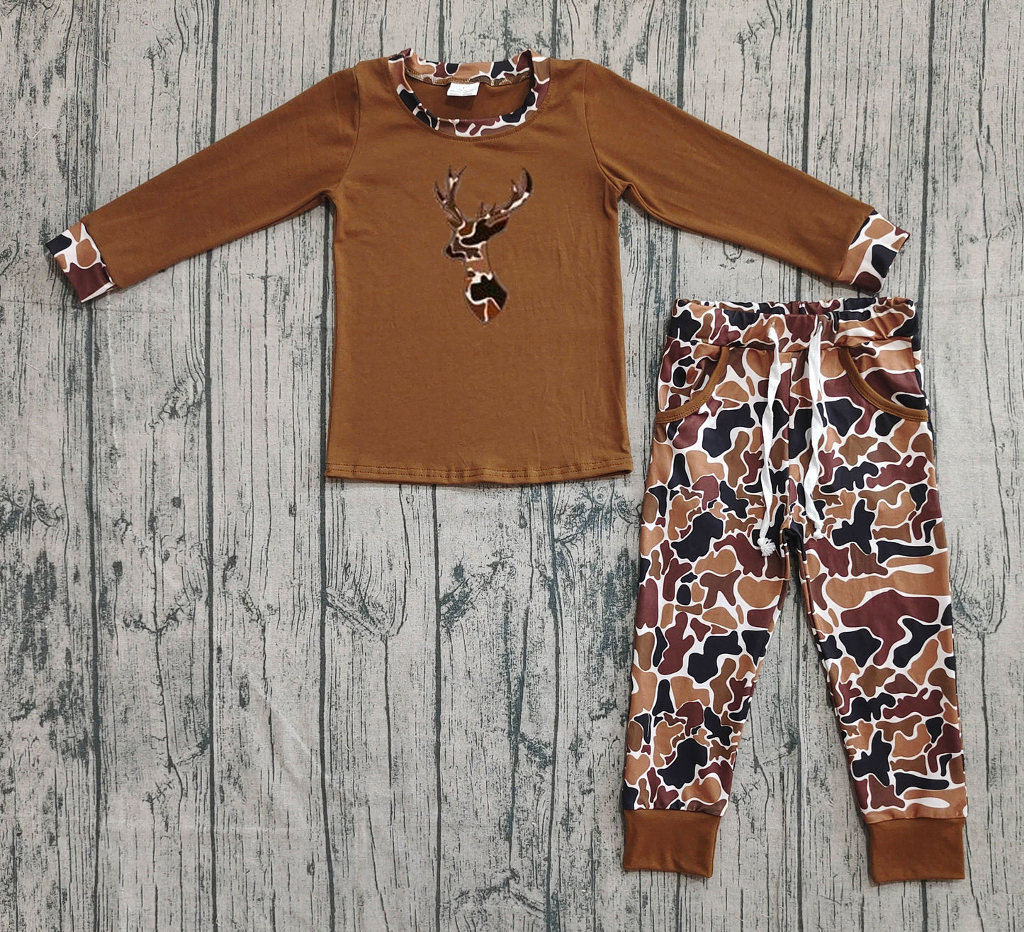 (Pre-order)BLP1078 Deer Brown Top Camo Pants Boys Fall Clothes Set