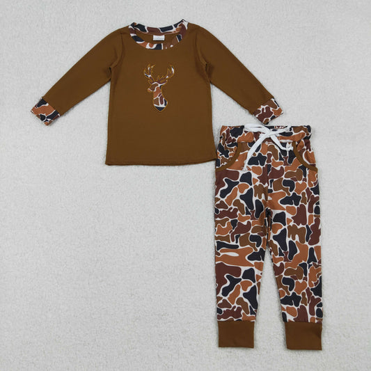 BLP1078 Deer Embroidery Brown Top Camo Pants Boys Fall Clothes Set