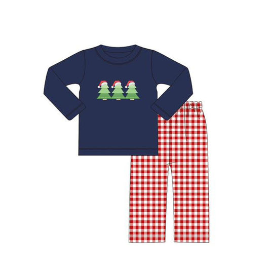 (Pre-order)BLP1083 Tree Navy Top Plaid Pants Boys Christmas Clothes Set