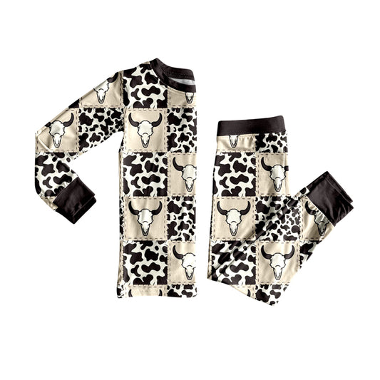 (Pre-order)BLP1084 Cow Skull Plaid Print Boys Pajamas Clothes Set