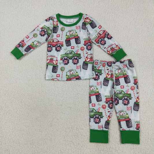 BLP1087 Monster Trucks Tree Print Boys Christmas Pajamas Clothes Set