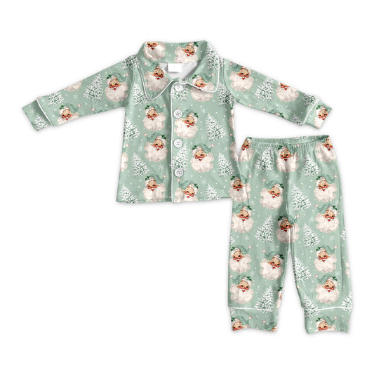 (Pre-order)BLP1091  Santa Print Boys Christmas Buttons Pajamas Clothes Set