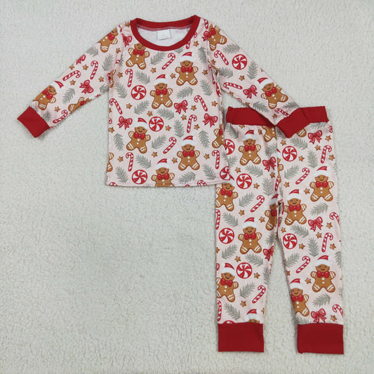 BLP1093 Gingerbread Candy Cane Bows Print Girls Christmas Pajamas Clothes Set