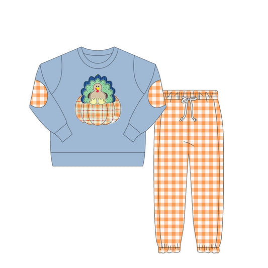 (Pre-order)BLP1096 Turkey Pumpkin Top Orange Plaid Pants Boys Thanksgiving Clothes Set