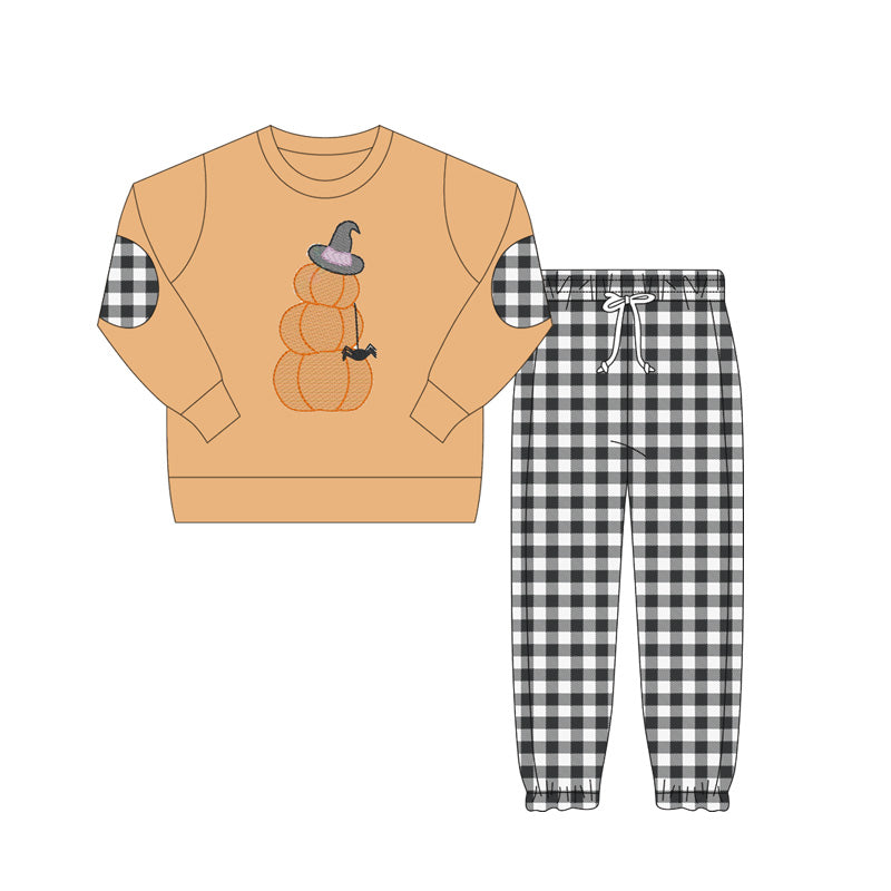 (Pre-order)BLP1097 Pumpkin Bat Top Black Plaid Pants Boys Halloween Clothes Set