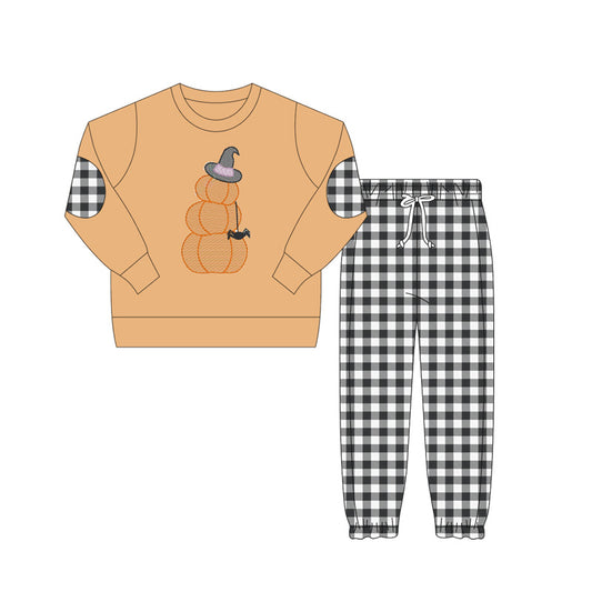 (Pre-order)BLP1097 Pumpkin Bat Top Black Plaid Pants Boys Halloween Clothes Set