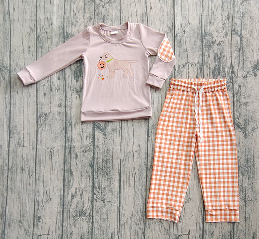 (Pre-order)BLP1098 Pumpkin Dog Top Orange Plaid Pants Boys Halloween Clothes Set