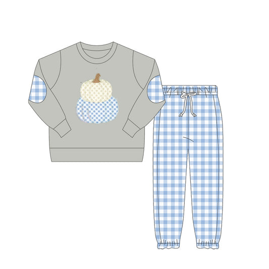 (Pre-order)BLP1099 Pumpkin Grey Top Blue Plaid Pants Boys Fall Clothes Set