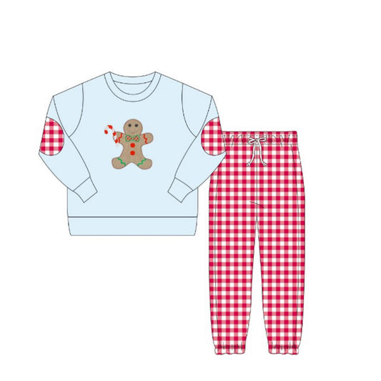 (Pre-order)BLP1101 Gingerbread Top Red Plaid Pants Boys Christmas Clothes Set