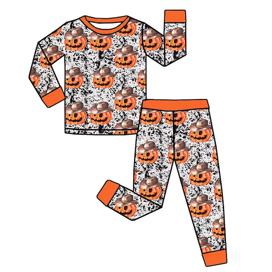 (Pre-order)BLP1102 Cowboy Pumpkin Print Boys Halloween Pajamas Clothes Set