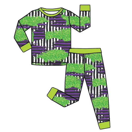 (Pre-order)BLP1104 Green Purple Stripes Print Boys Halloween Pajamas Clothes Set