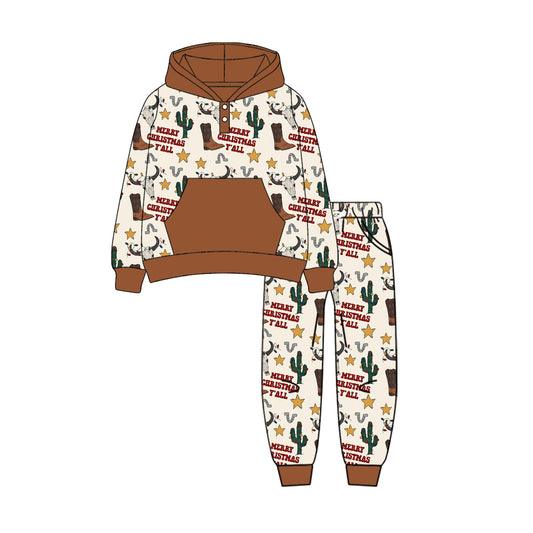 (Pre-order)BLP1106 Cow Skull Cactus Hoodie Top Pockets Pants Boys Christmas Clothes Set