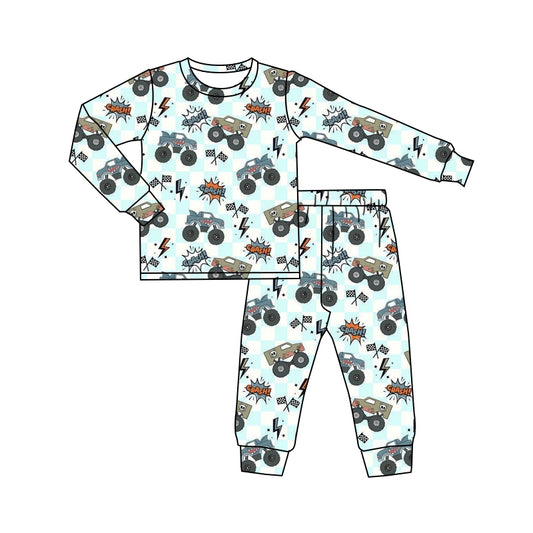 (Pre-order)BLP1110 Momster Trucks Plaid Print Boys Fall Pajamas Clothes Set