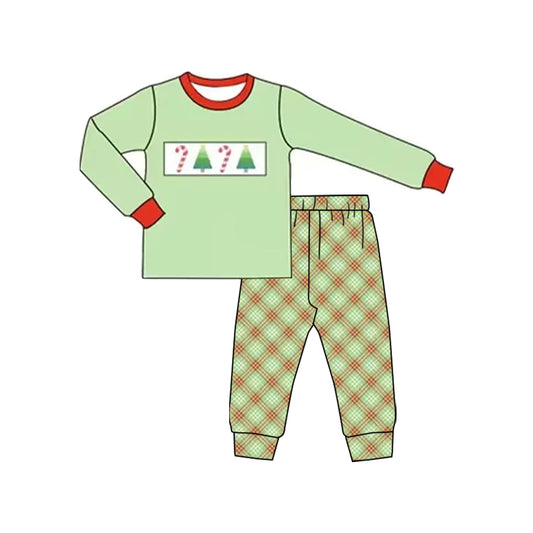 (Pre-order)BLP1111 Candy Cane Tree Green Top Plaid Pants Boys Christmas Clothes Set