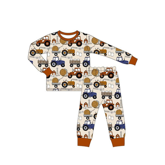 (Pre-order)BLP1113 Farm Tractors Print Boys Fall Pajamas Clothes Set