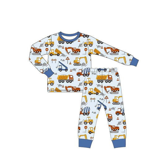(Pre-order)BLP1114 Construction Trucks Print Boys Fall Pajamas Clothes Set