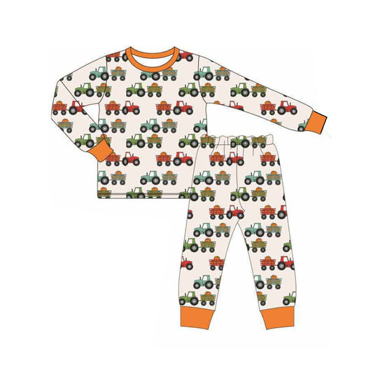 (Pre-order)BLP1116 Tractors Pumpkin Print Boys Fall Pajamas Clothes Set