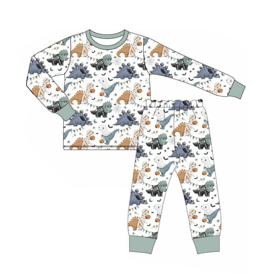(Pre-order)BLP1117 Dino Pumpkin Print Boys Halloween Pajamas Clothes Set