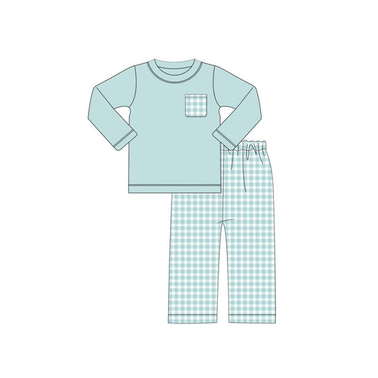 (Pre-order)BLP1122 Blue Pocket Top Plaid Pants Boys Fall Clothes Set