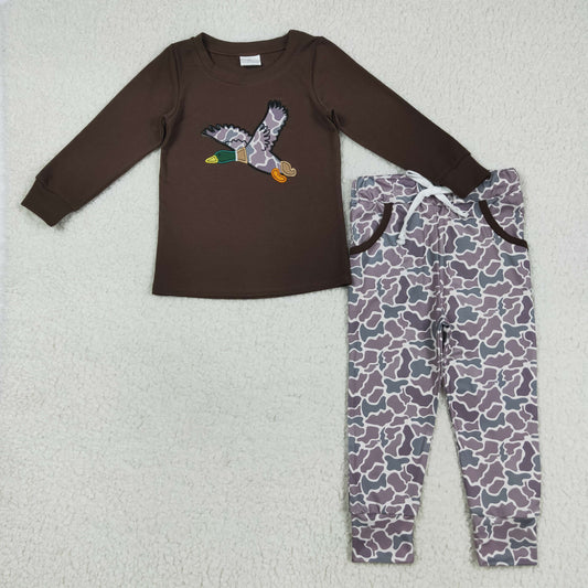 BLP1123 Duck Embroidery Brown Top Camo Pants Boys Fall Clothes Set