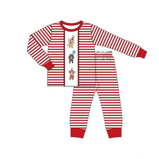 (Pre-order)BLP1125 Dog Top Red Stripes Pants Boys Happy Birthday Pajamas Clothes Set