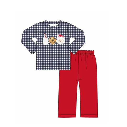 (Pre-order)BLP1131 Milk Cookies Santa Plaid Top Red Plaid Pants Boys Christmas Clothes Set