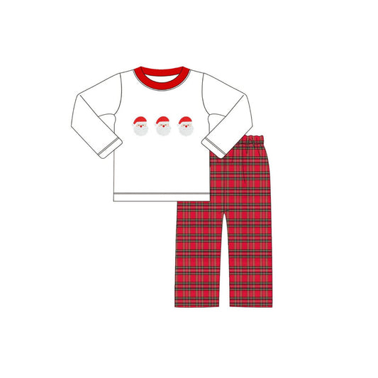 (Pre-order)BLP1132 Santa White Top Red Plaid Pants Boys Christmas Clothes Set