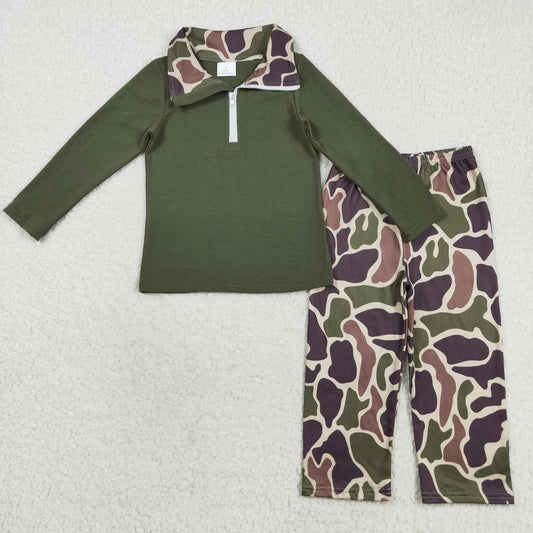 BLP1138 Green Zipper Pullover Top Camo Pants Boys Fall Clothes Set