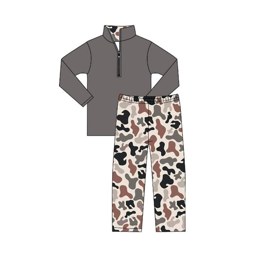 (Pre-order)BLP1139 Dark Gray Color Zipper Pullover Top Camo Pants Boys Fall Clothes Set