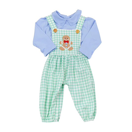 (Pre-order)BLP1145 Blue Top Gingerbread Plaid Jumpsuit Boys Christmas Clothes Set