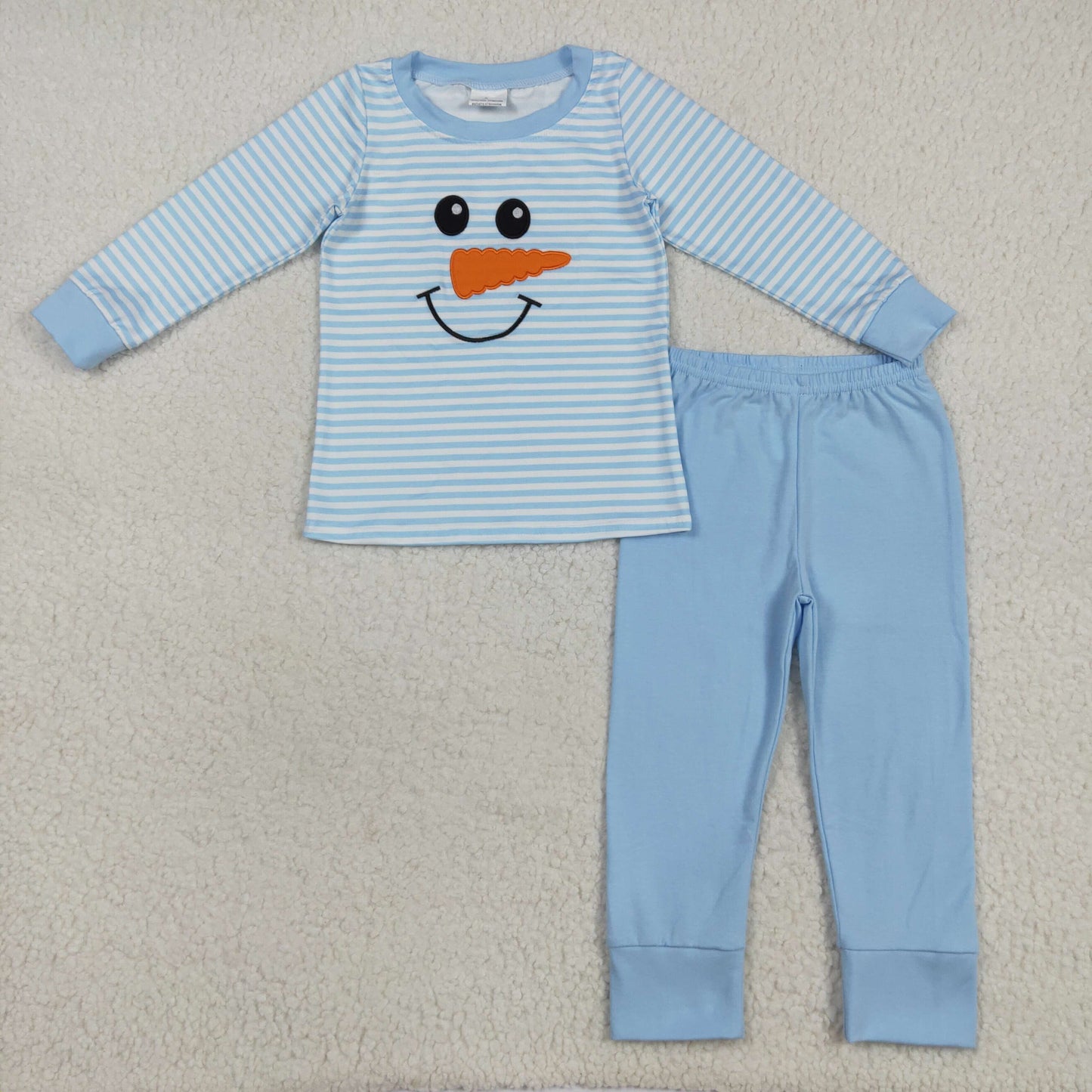 BLP1150 Snowman Embroidery Stripes Top Blue Pants Boys Christmas Pajamas Clothes Set