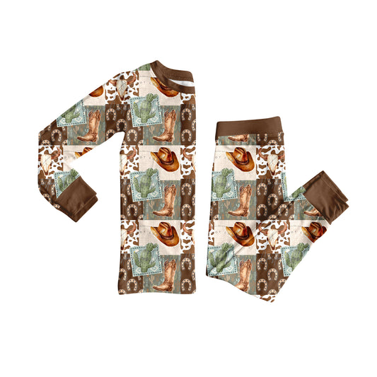 (Pre-order)BLP1152 Boots Hat Cactus Western Print Boys Fall Pajamas Clothes Set