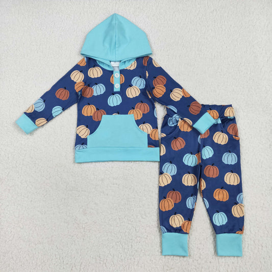BLP1154 Pumpkin Hoodie Top Pockets Pants Boys Fall Clothes Set