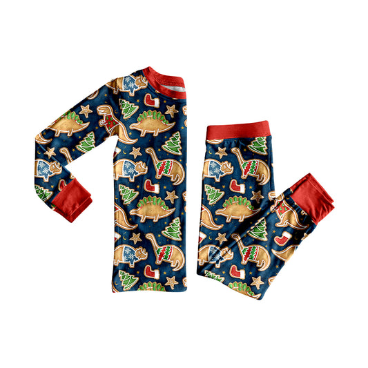 (Pre-order)BLP1155 Dino Gingerbread Print Boys Christmas Pajamas Clothes Set