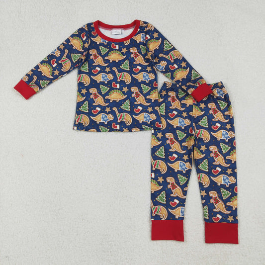 BLP1155 Dino Gingerbread Print Boys Christmas Pajamas Clothes Set